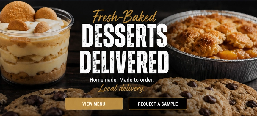 Banana pudding, golden peach cobbler and fresh cookies